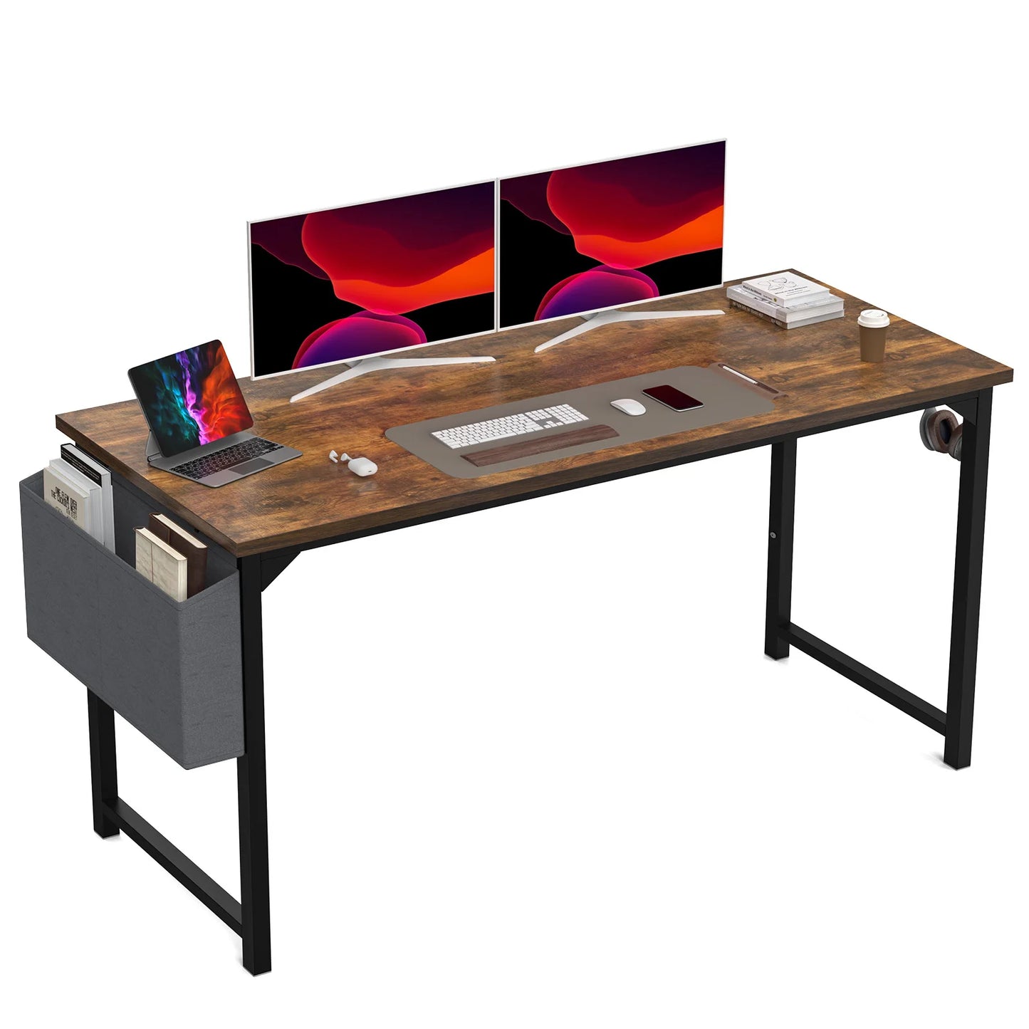 Modern Computer Desk with Side Bag and Headphone Hook