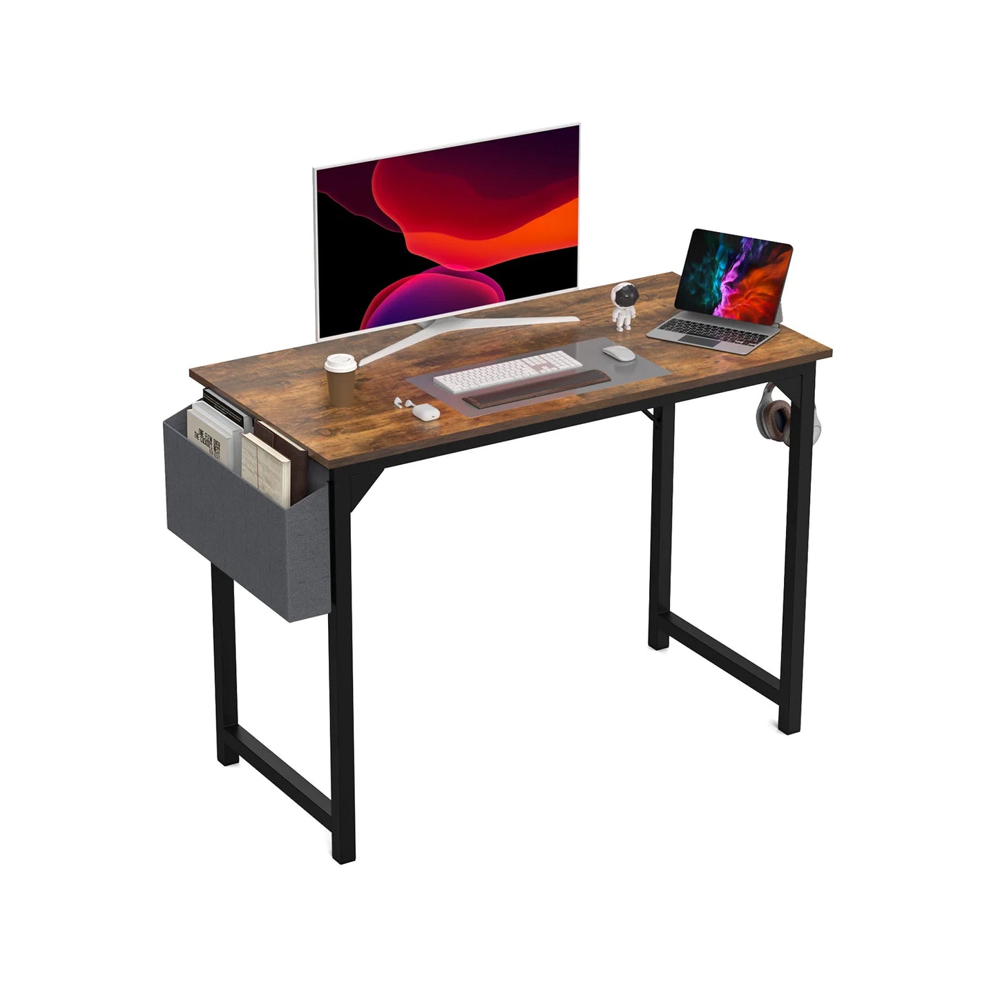 Modern Computer Desk with Side Bag and Headphone Hook