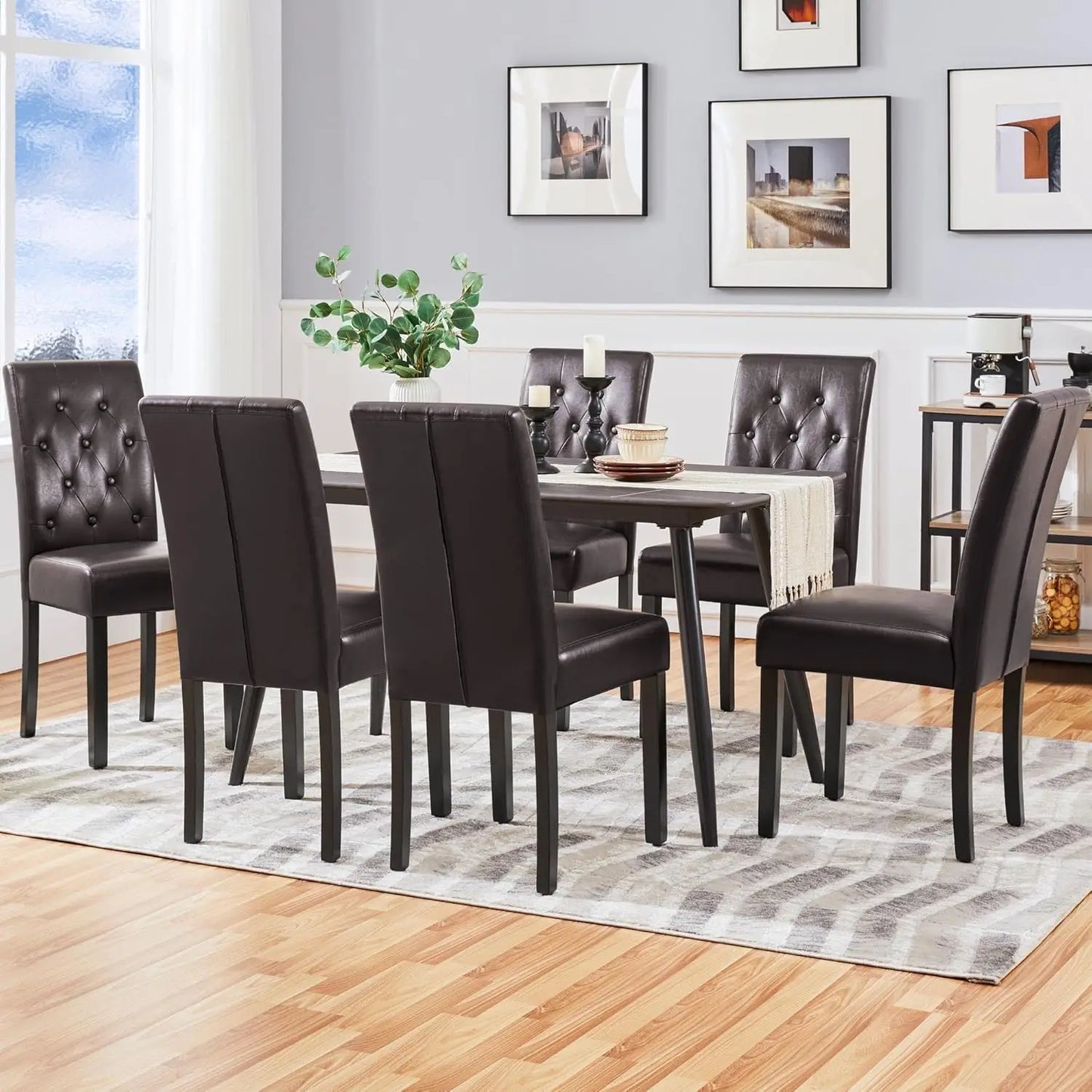 Set of 6 Leather Dining Chairs – Tufted Modern Design with Wood Legs