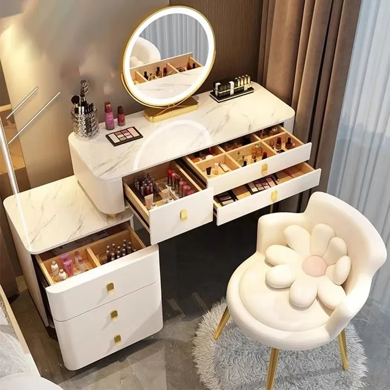 Modern Nordic Vanity Table – Elegant Pine Wood Makeup Desk with Mirror & Stool