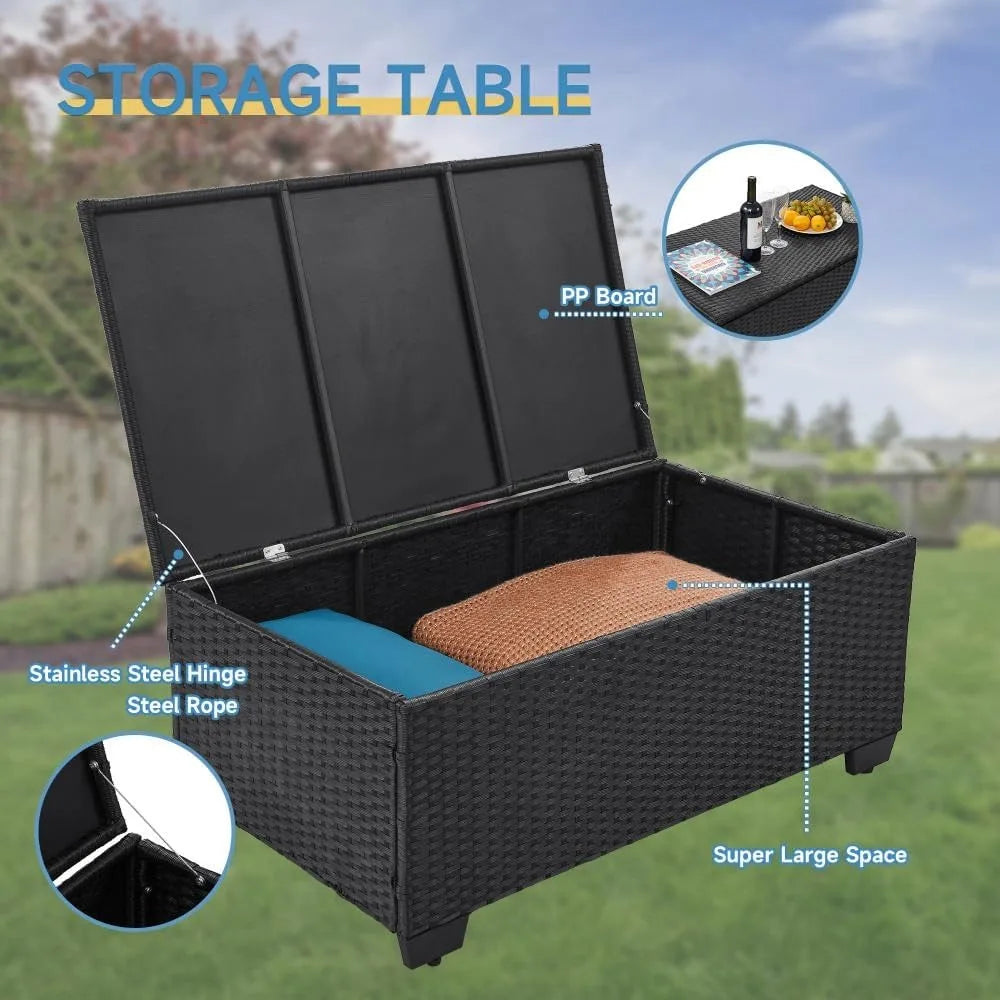 6-Piece Outdoor Wicker Patio Set with Storage Table and Weatherproof Covers