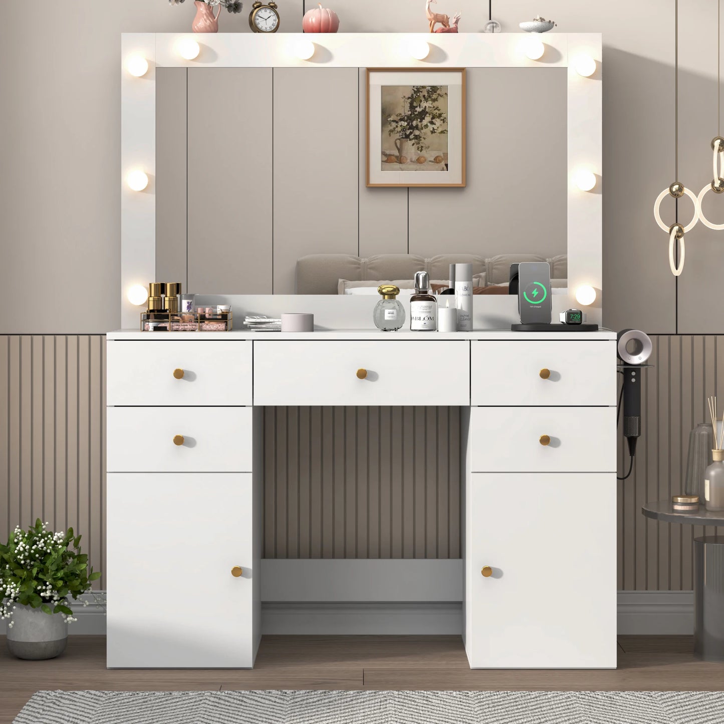 Dressing table with lighted mirror and power outlet