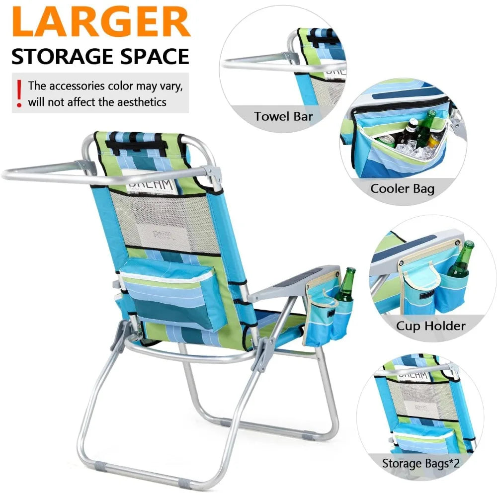 Tall Folding Beach Chair – 2 Pack with Cooler & Storage