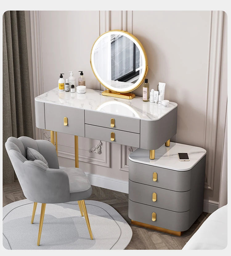 Nordic Vanity Table with Rock Slab Top – Pine Wood Makeup Desk with Mirror
