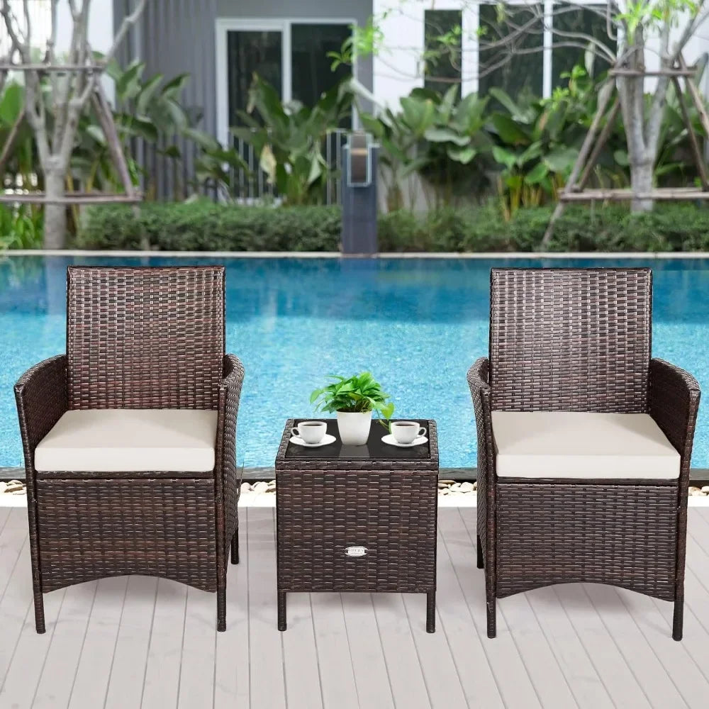 3-Piece White Wicker Patio Set with Cushions and Glass Coffee Table