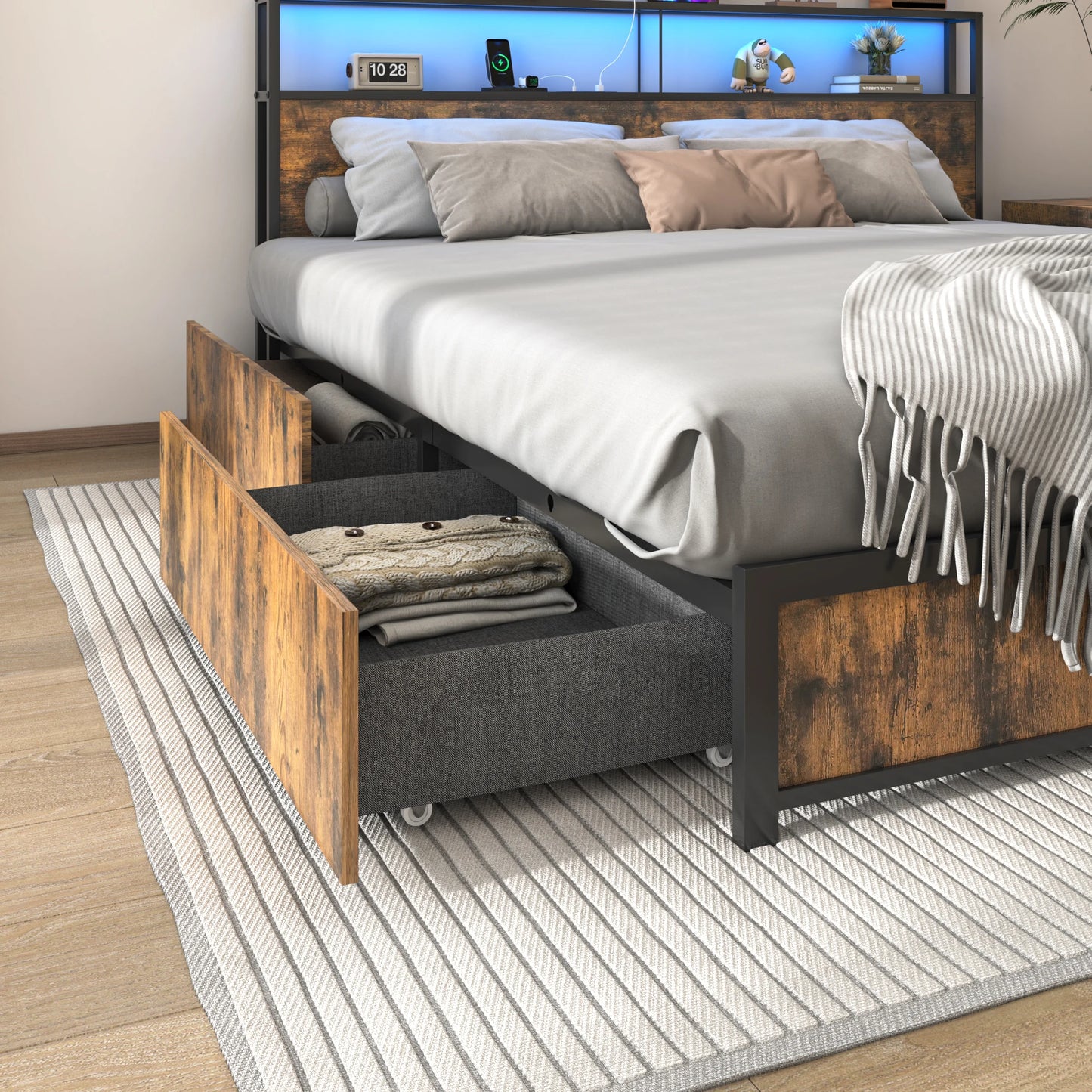 King Size Bed Frame with LED Lights and Charging Base