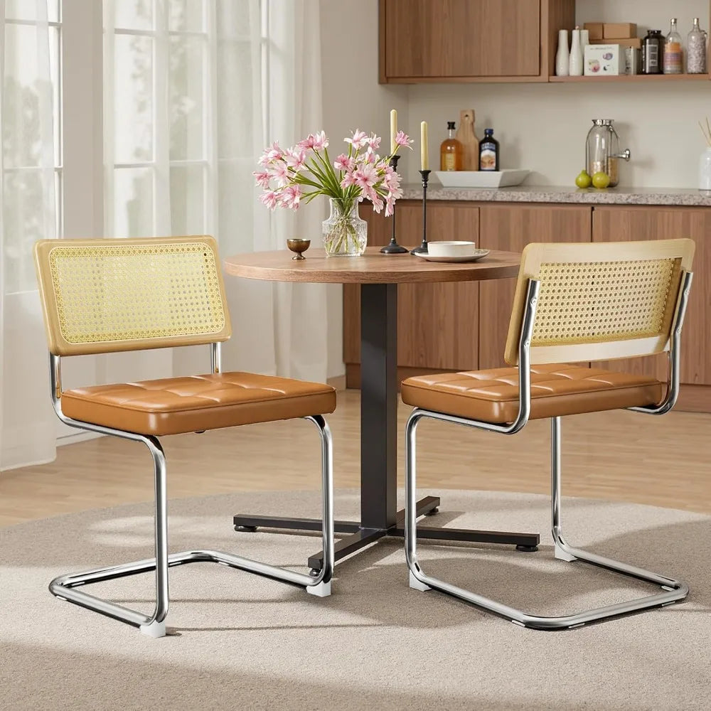 Set of 4 Rattan Dining Chairs – Faux Leather Seat with Cane Back and Metal Legs