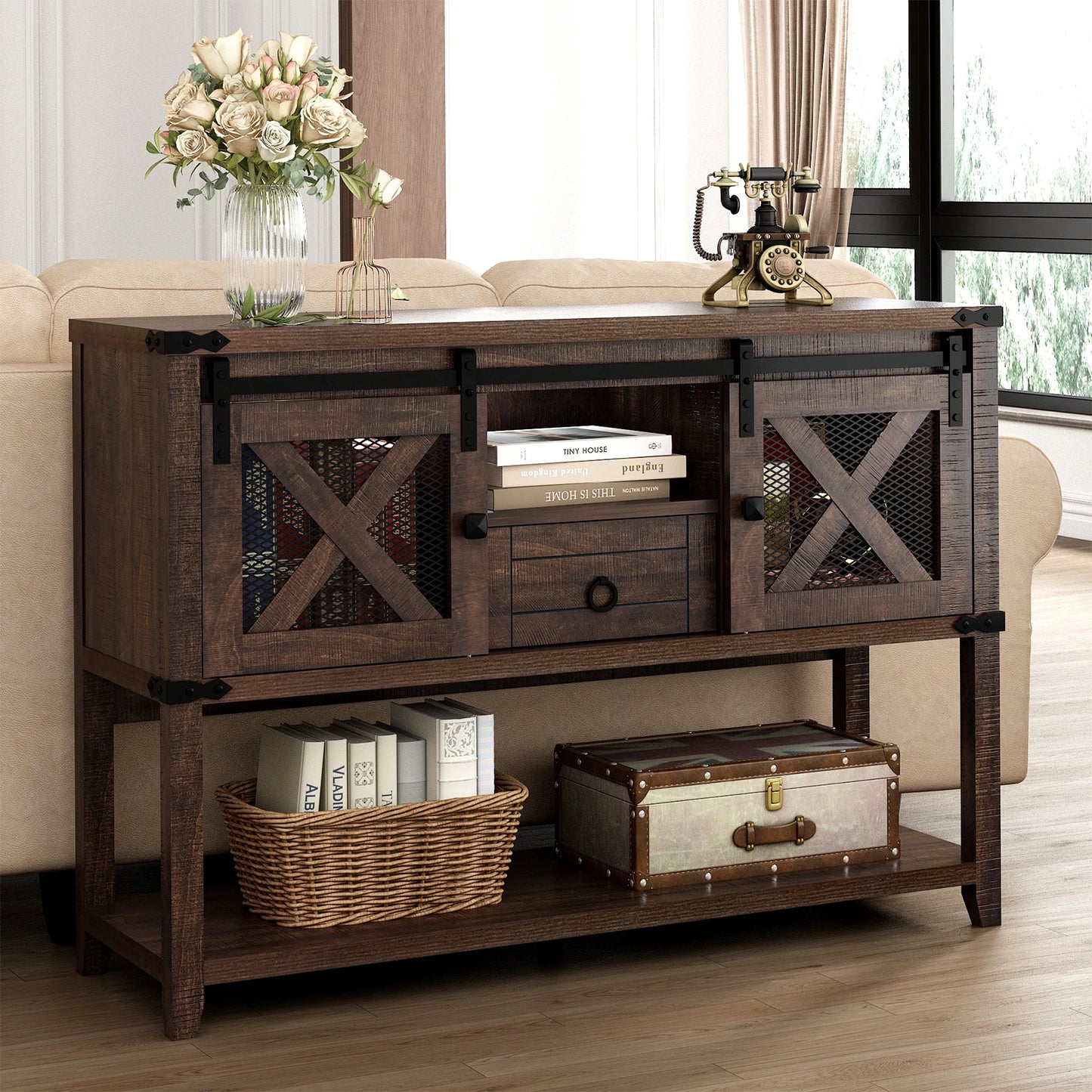 Entryway table with two doors and a 46-inch console table