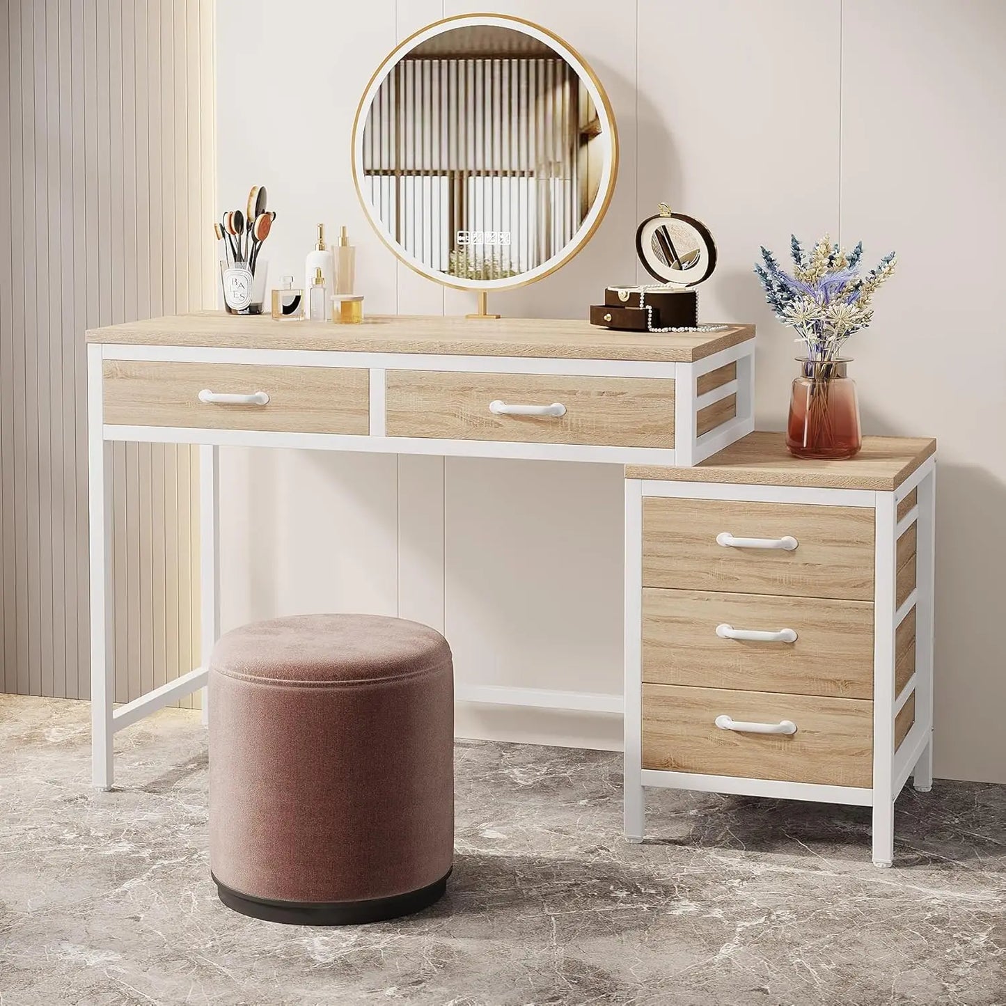 Walnut 5‑Drawer Vanity Desk