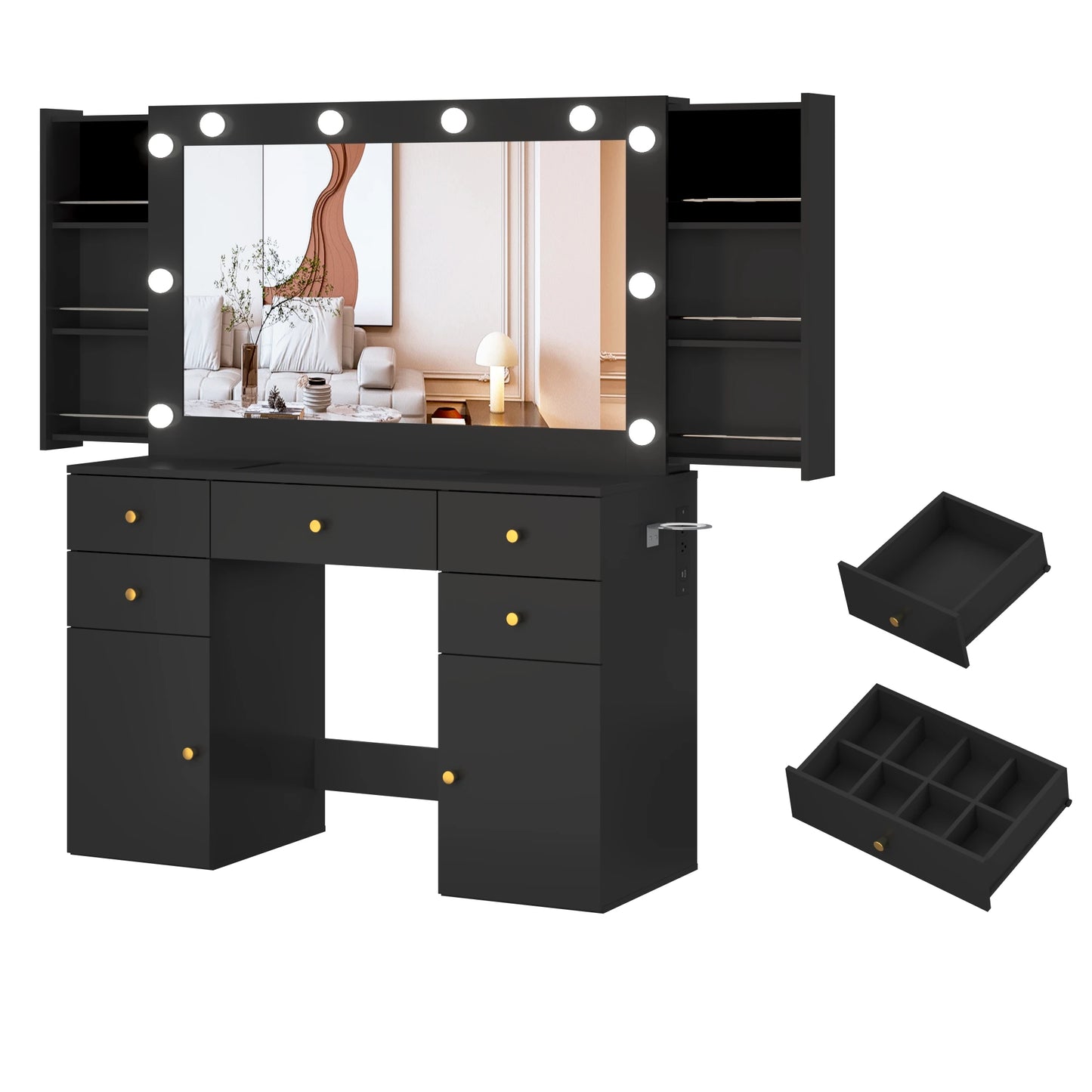 Dressing table with lighted mirror and power outlet