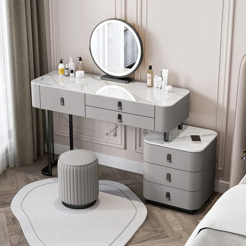Nordic Vanity Table with Rock Slab Top – Pine Wood Makeup Desk with Mirror