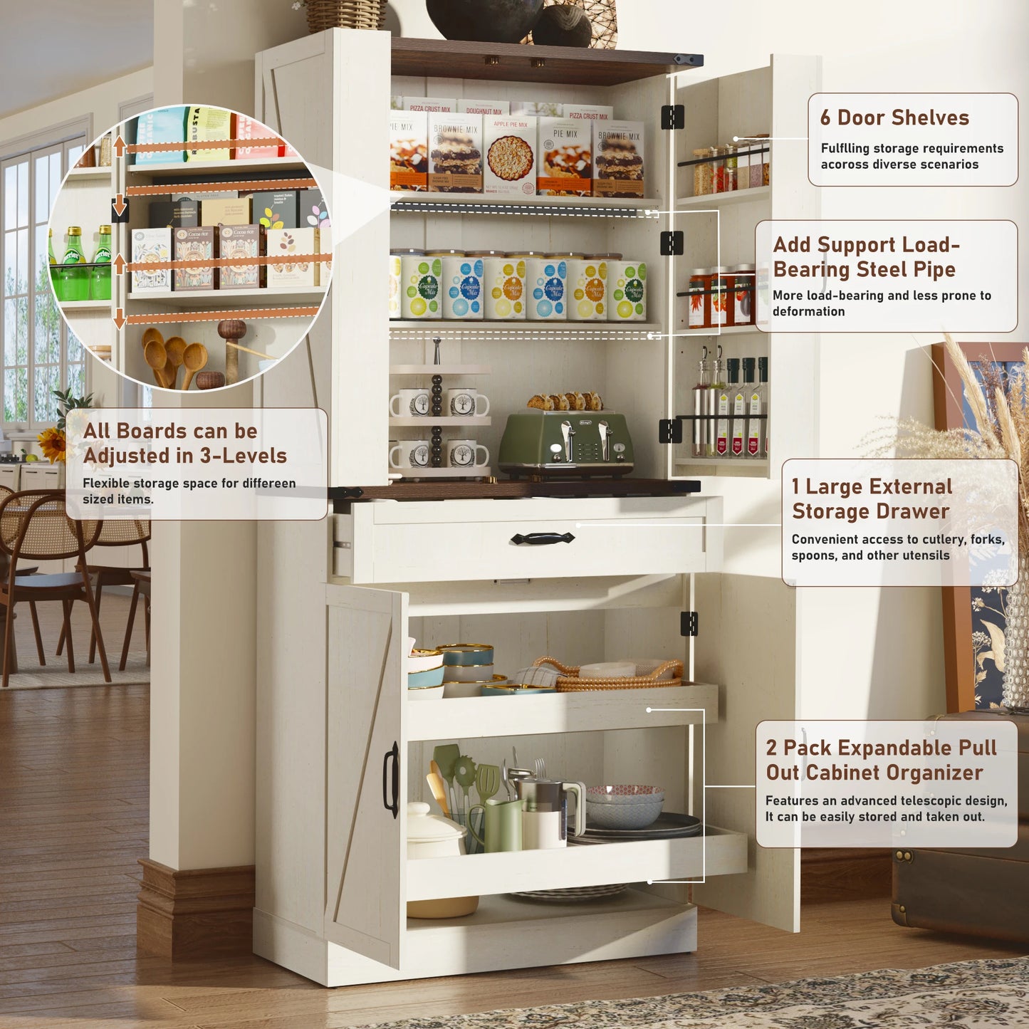 Kitchen Pantry Cabinet with 3 Drawers with 6 Barn Door