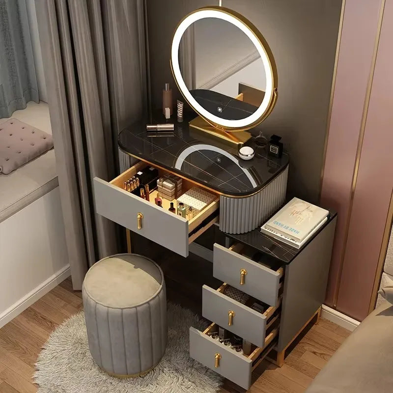 Simple Elegant Vanity Table – Nordic Vintage Makeup Desk with Mirror & Stool