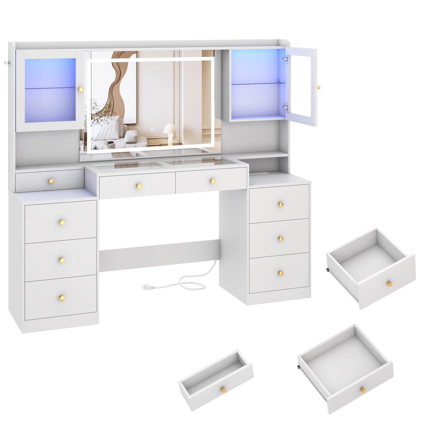 Large 61.7" Dressing Table with Mirror and Lights