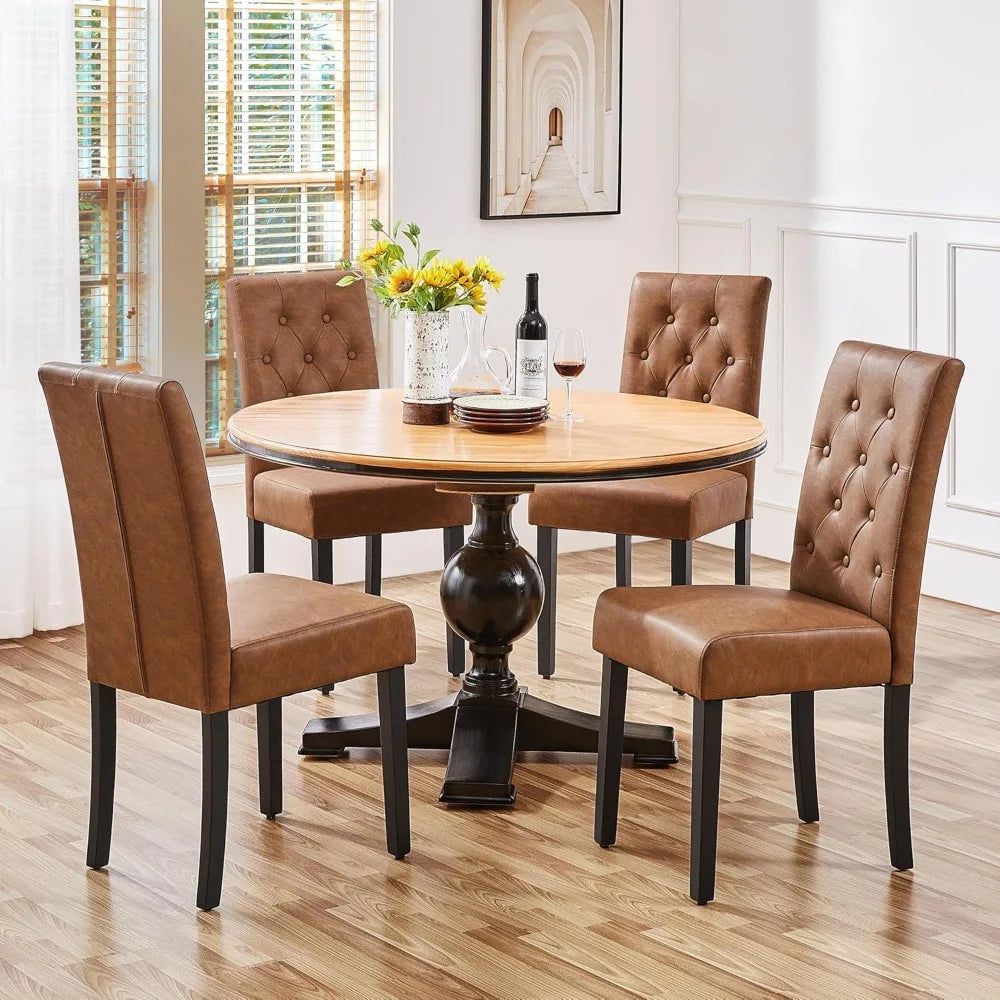 Set of 6 Leather Dining Chairs – Tufted Modern Design with Wood Legs