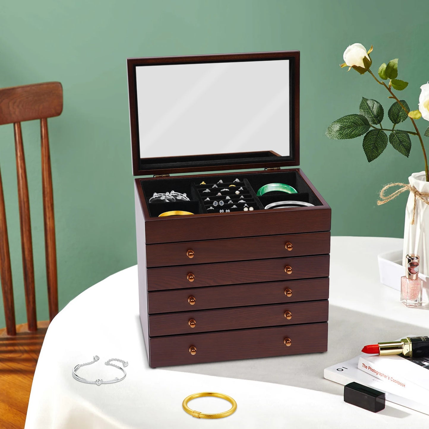 6‑Layer Wooden Jewelry Box with Mirror