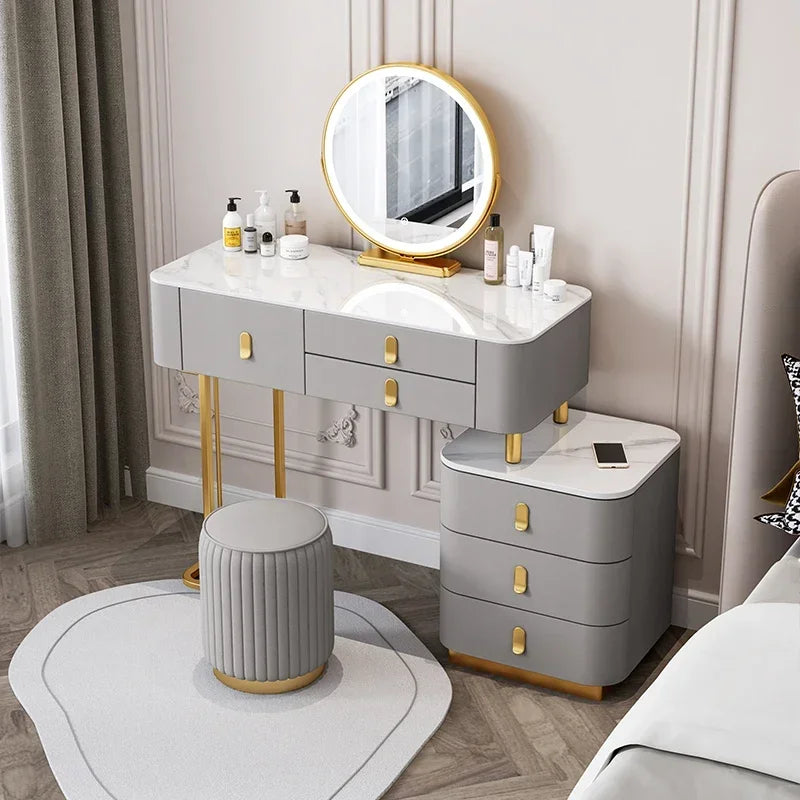 Nordic Vanity Table with Rock Slab Top – Pine Wood Makeup Desk with Mirror