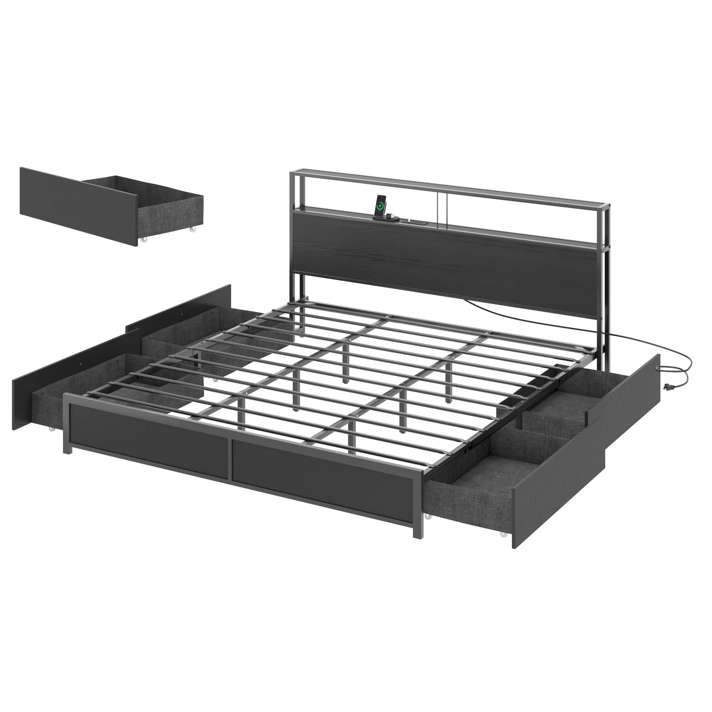 King Size Bed Frame with LED Lights and Charging Base
