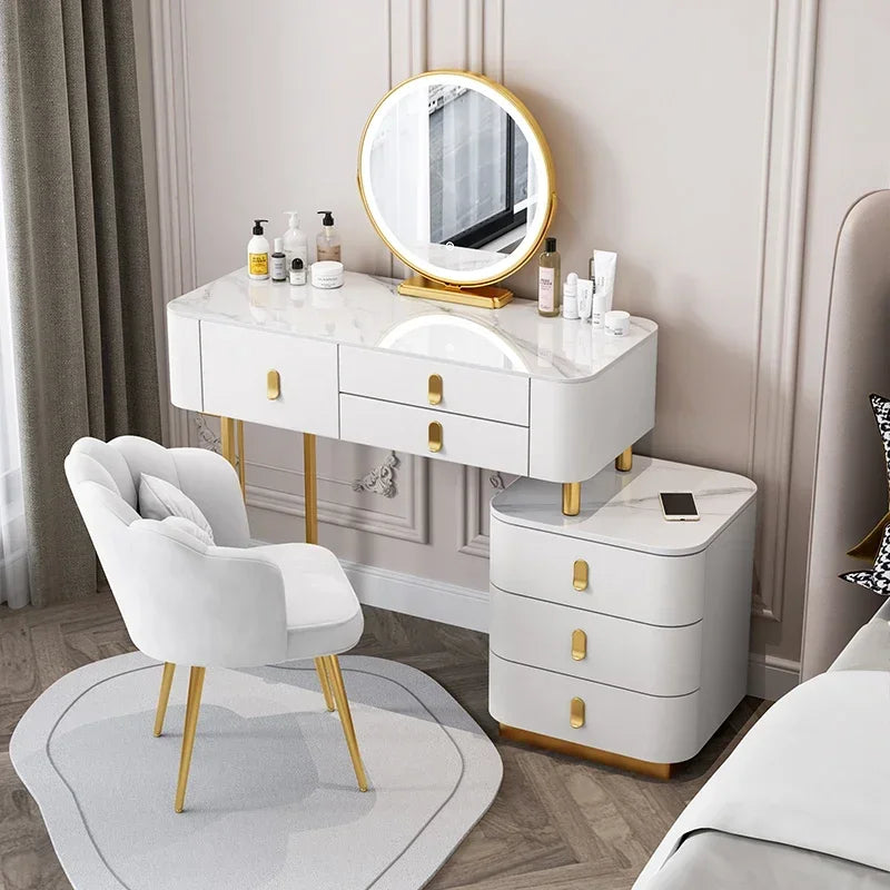Nordic Vanity Table with Rock Slab Top – Pine Wood Makeup Desk with Mirror