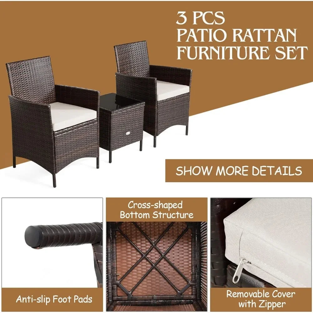 3-Piece White Wicker Patio Set with Cushions and Glass Coffee Table