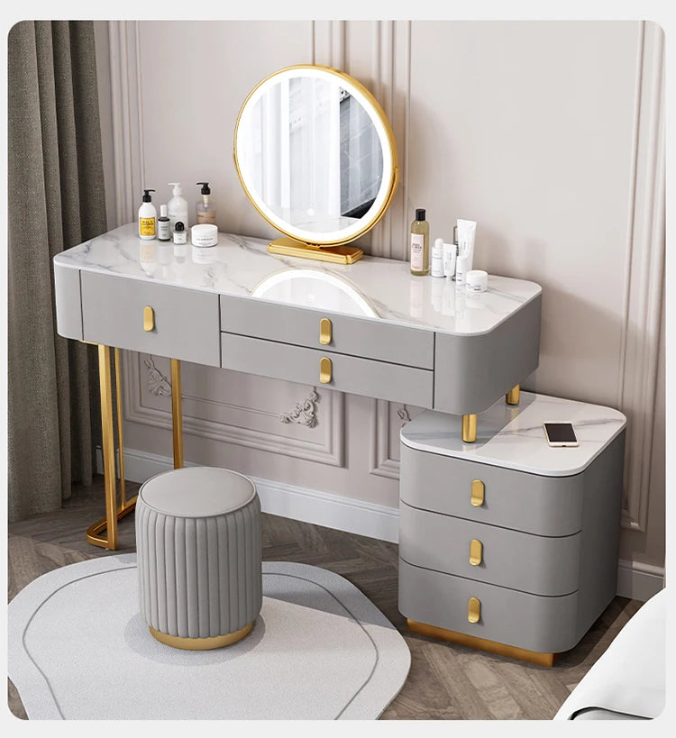 Nordic Vanity Table with Rock Slab Top – Pine Wood Makeup Desk with Mirror