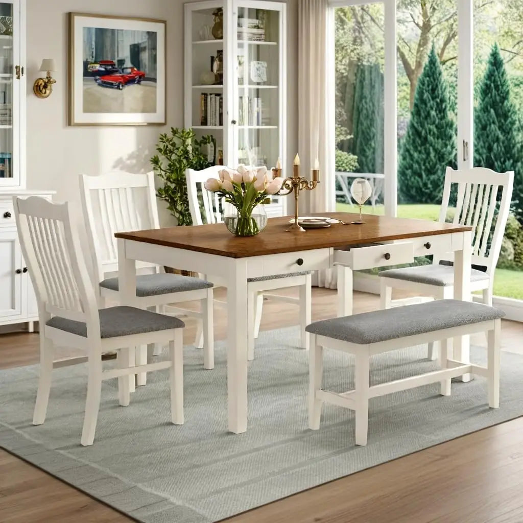 6-Piece Farmhouse Dining Set – Solid Wood Table with Bench, Upholstered Chairs & Storage Drawers