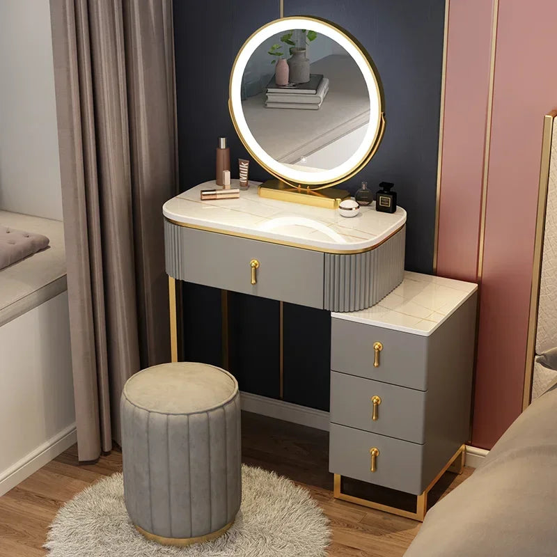 Simple Elegant Vanity Table – Nordic Vintage Makeup Desk with Mirror & Stool