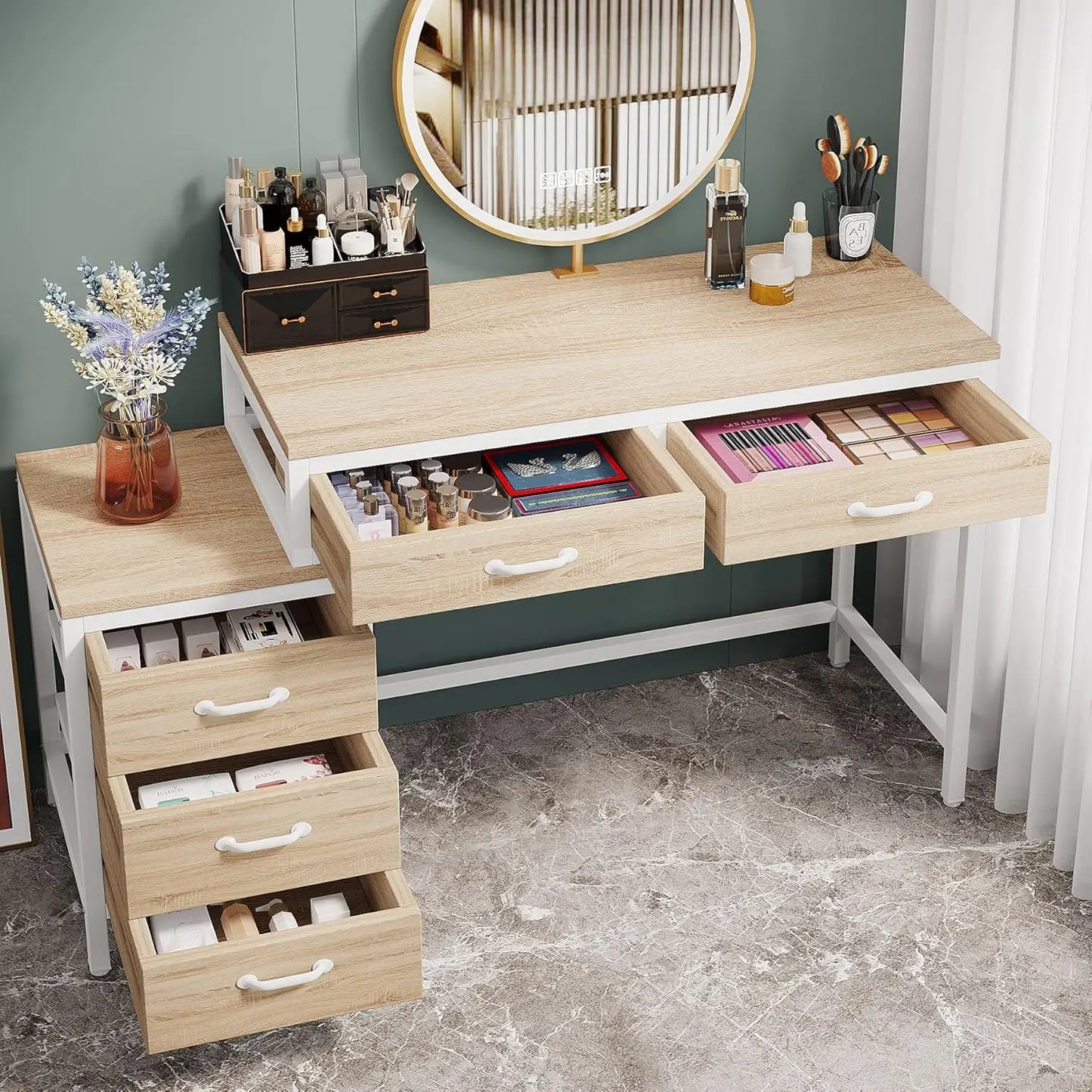 Walnut 5‑Drawer Vanity Desk