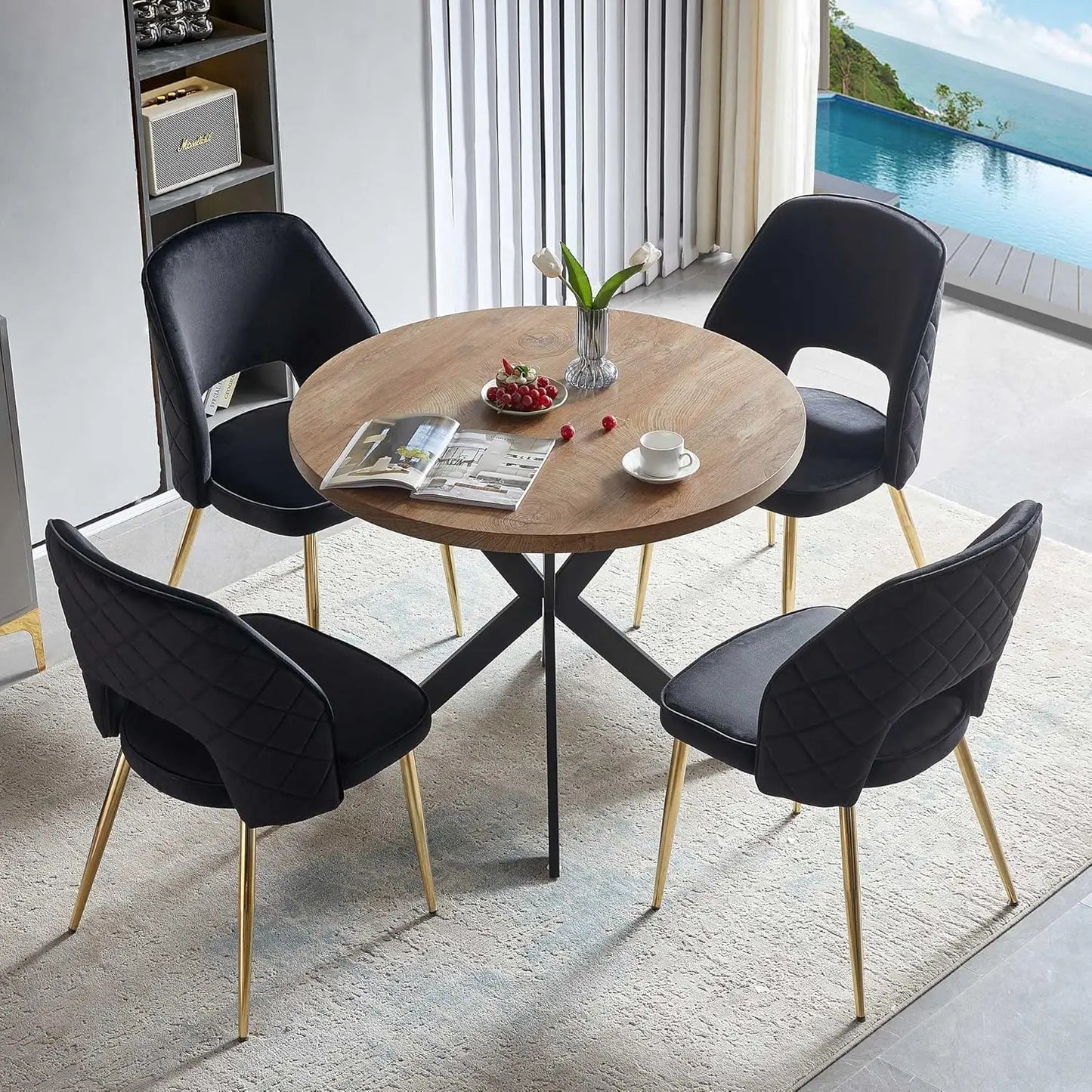 Walnut Round Dining Set with Velvet Chairs – 5-Piece Gold-Leg Table and Chair Set