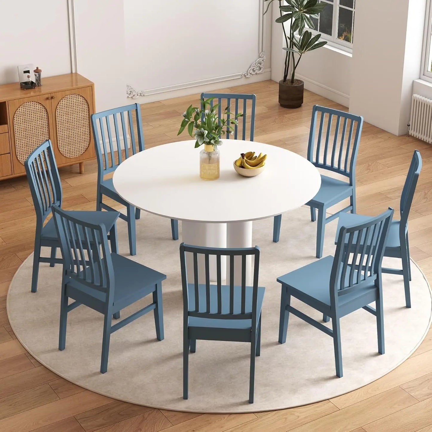 Set of 8 Farmhouse Spindle Back Chairs – White Wood Windsor Dining Side Chairs