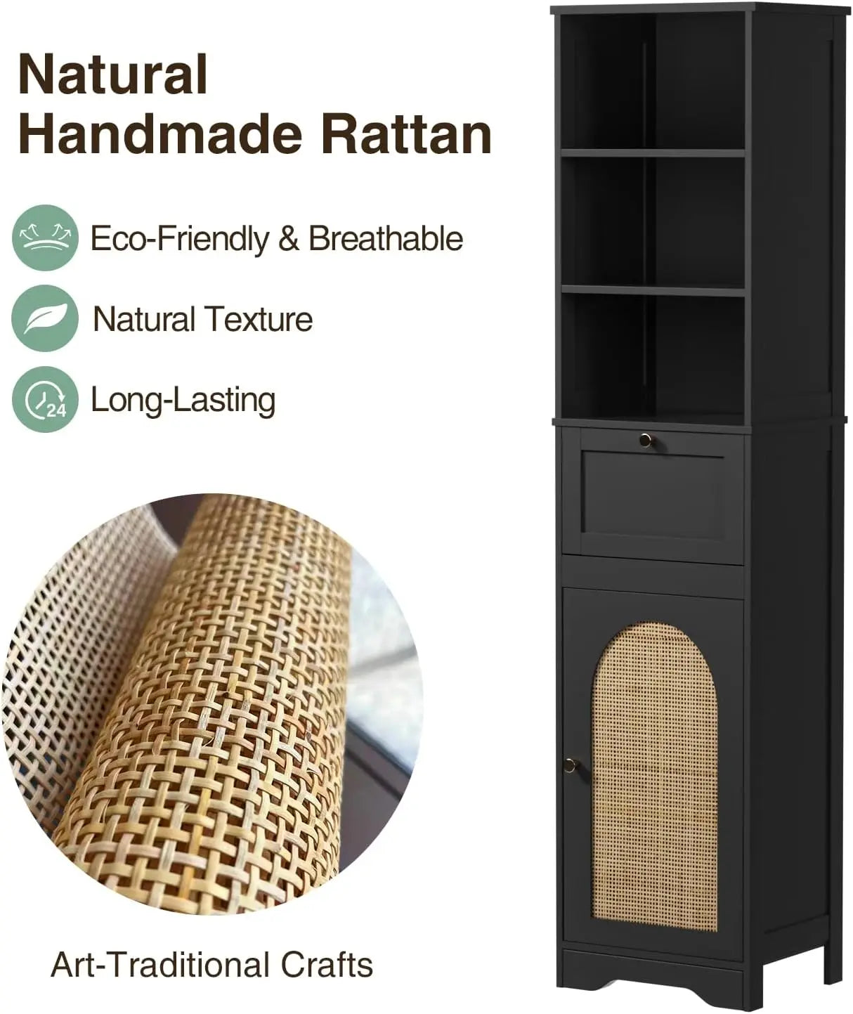 Wood Bathroom Storage Cabinet with Rattan Door & Drawer