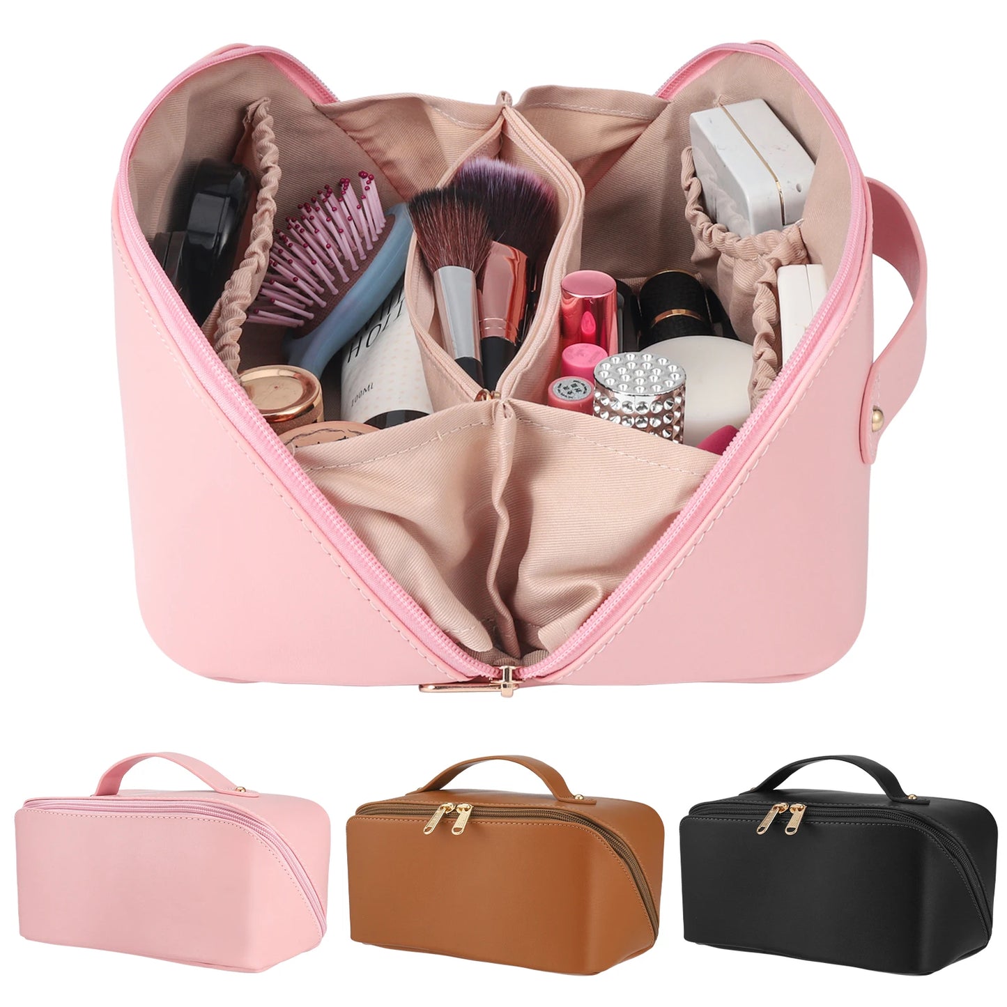 Travel Makeup Bag with Divider and Handle