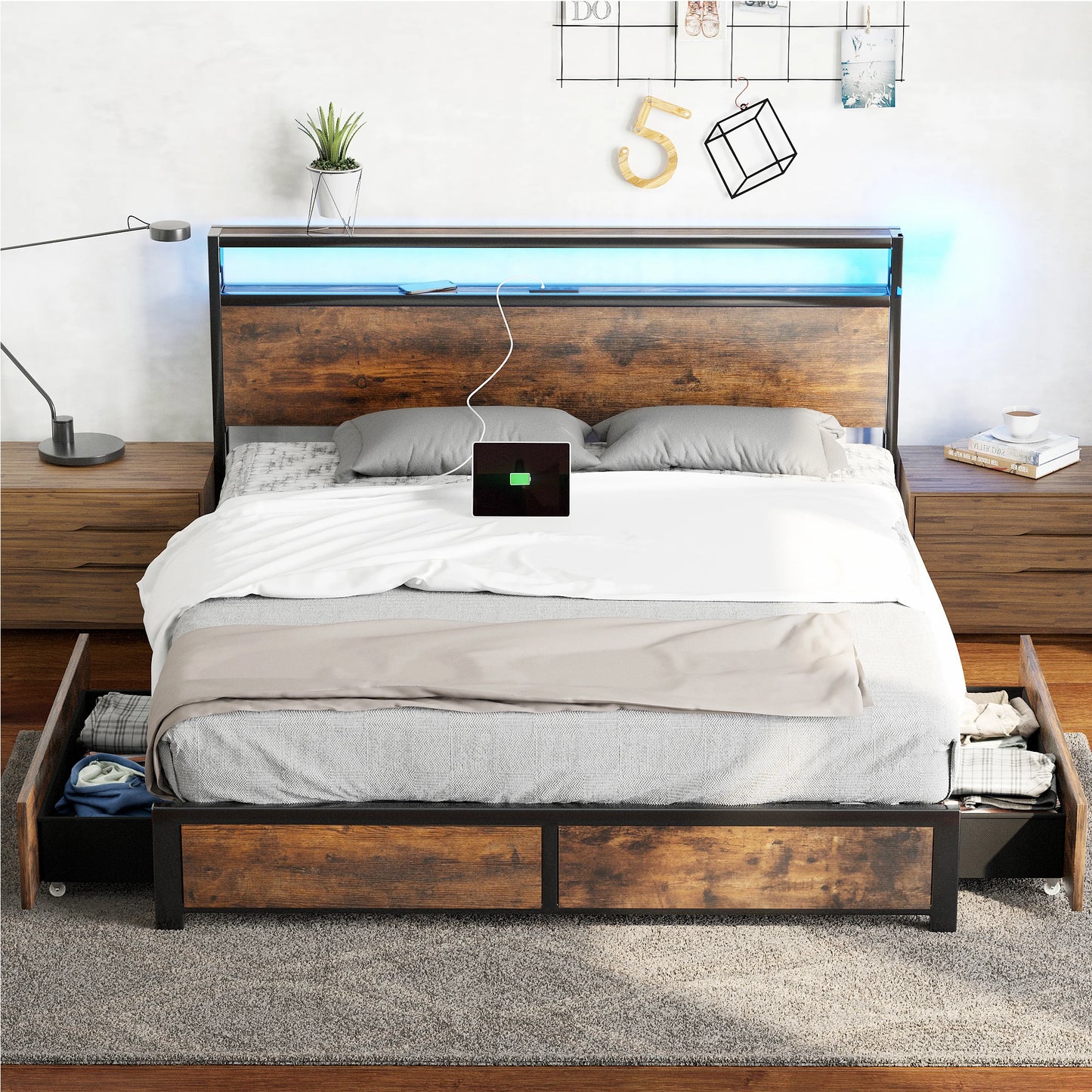 Metal platform bed frame with 4 storage drawers and headboard