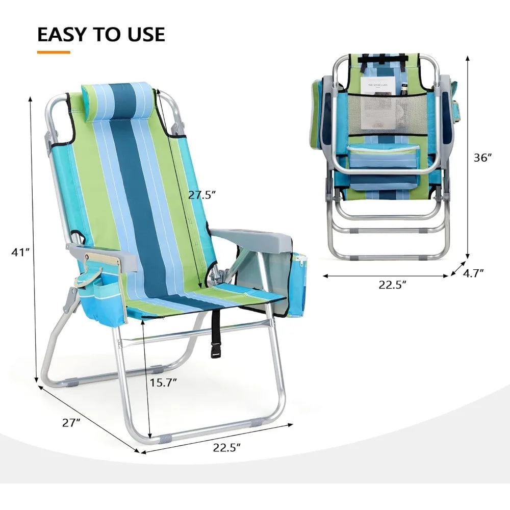Tall Folding Beach Chair – 2 Pack with Cooler & Storage