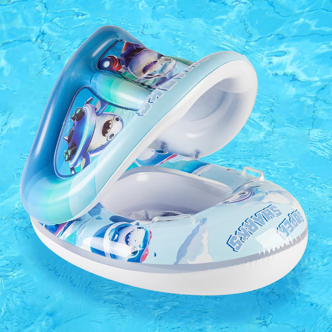 Booster swim float with seat and canopy and inflatable swim ring