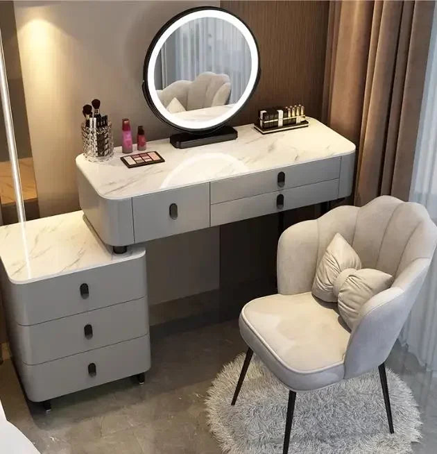 Modern Nordic Vanity Table – Elegant Pine Wood Makeup Desk with Mirror & Stool