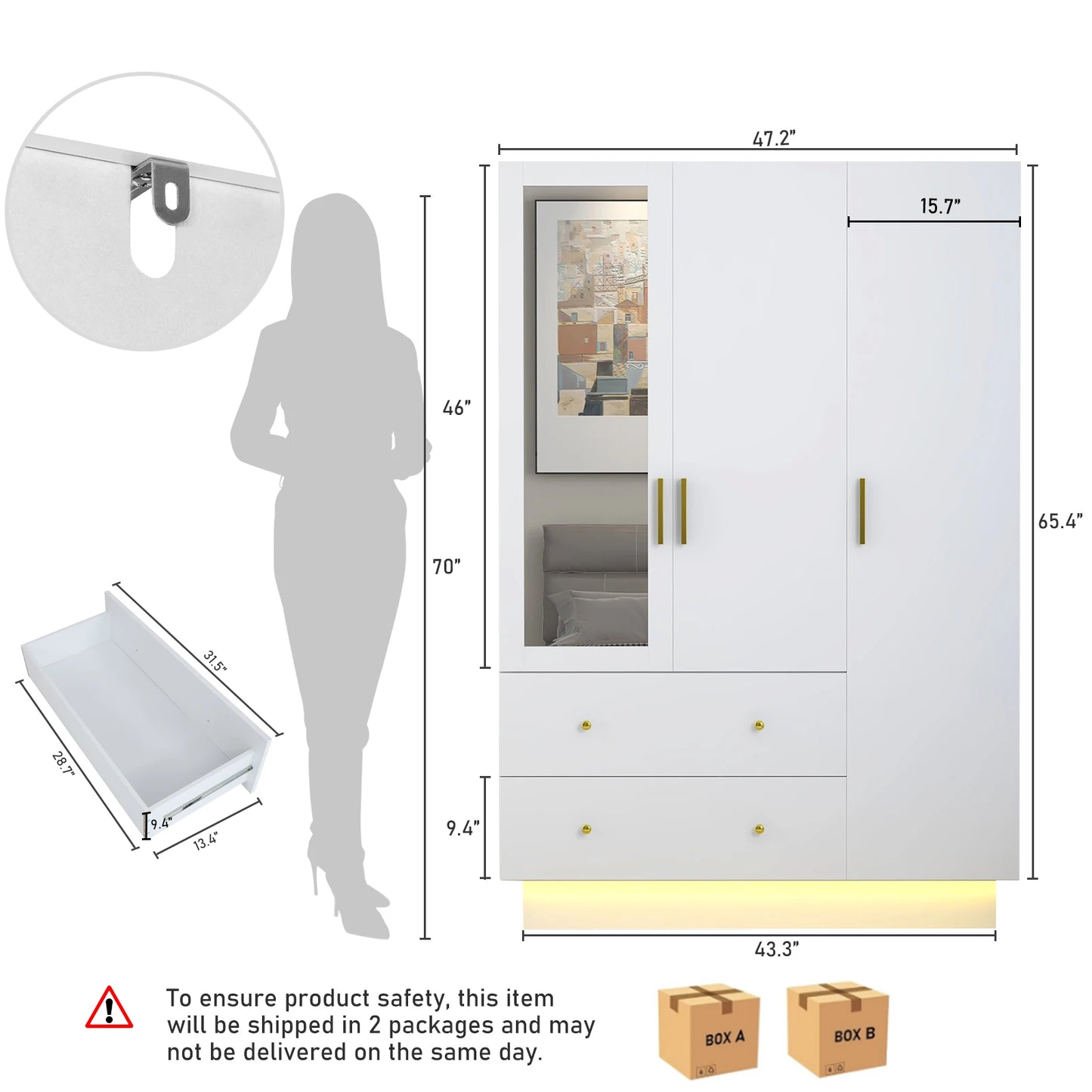 Modern wooden wardrobe with hanging rod for bedroom