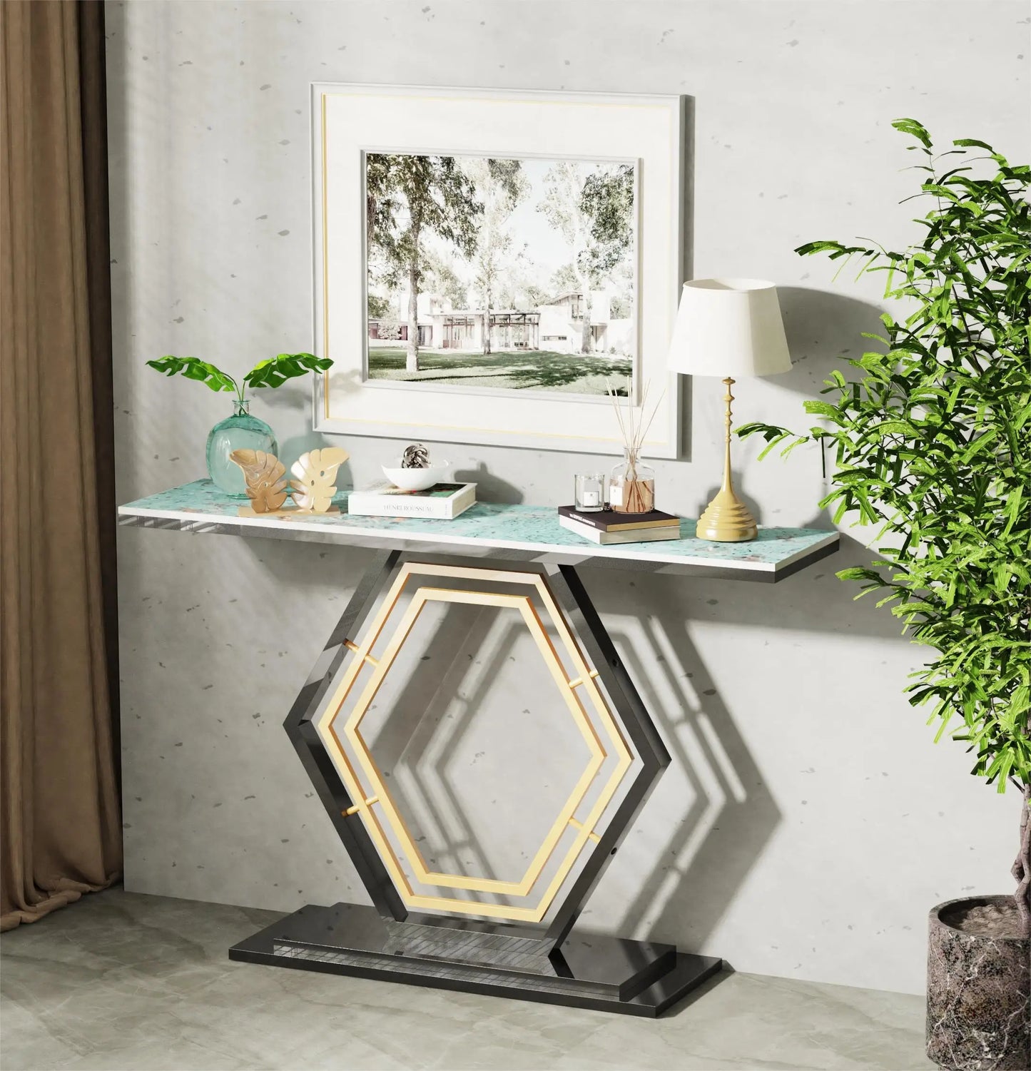 Marble Console Table with Geometric Base