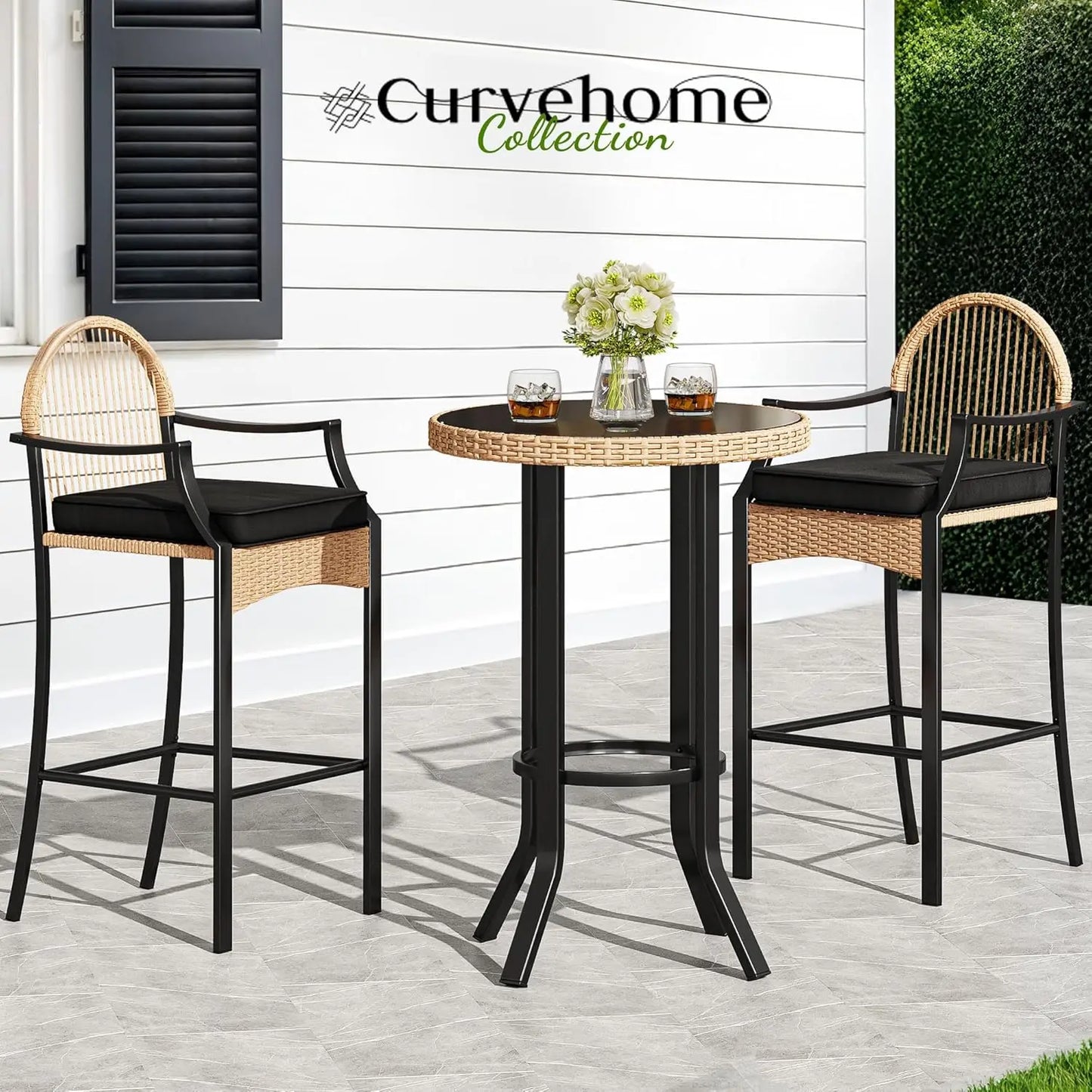 3-Piece Outdoor Wicker Bar Height Set with Cushioned Barstools, Patio Bistro Furniture for Balcony and Poolside