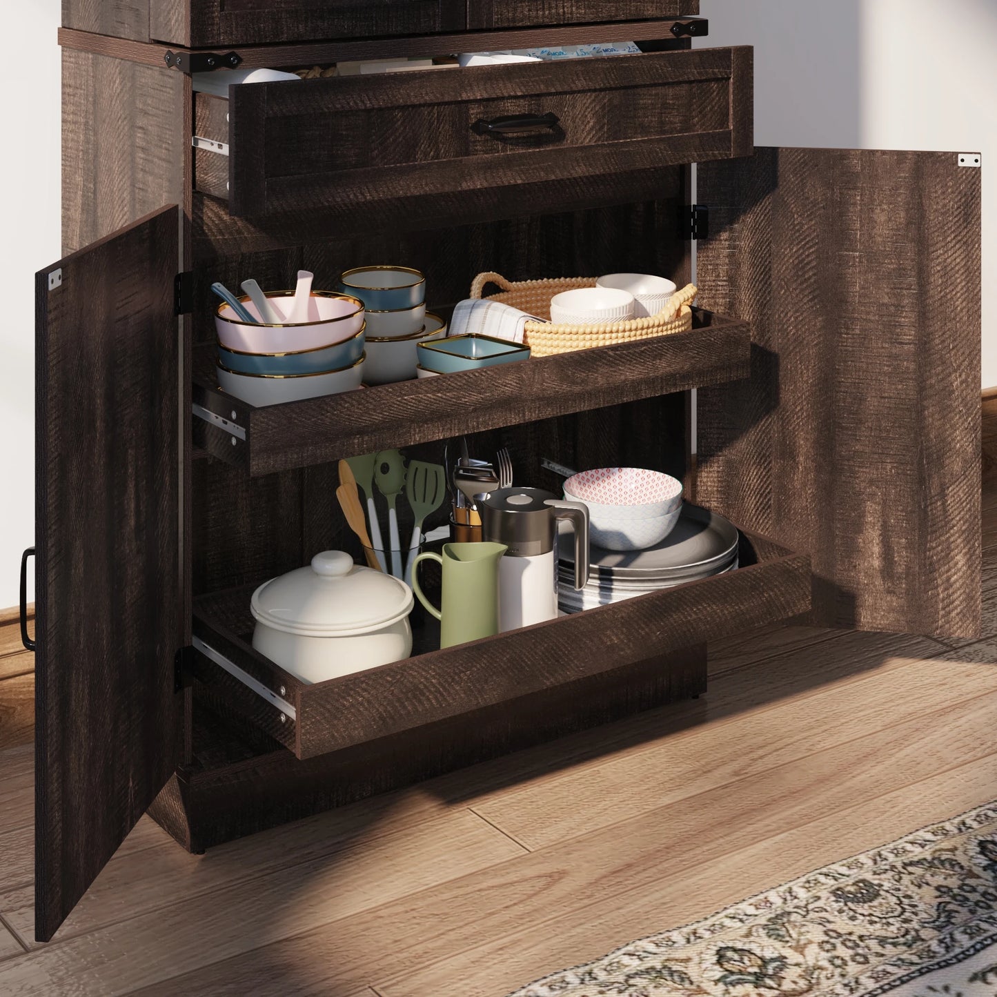 Kitchen Pantry Cabinet with 3 Drawers with 6 Barn Door