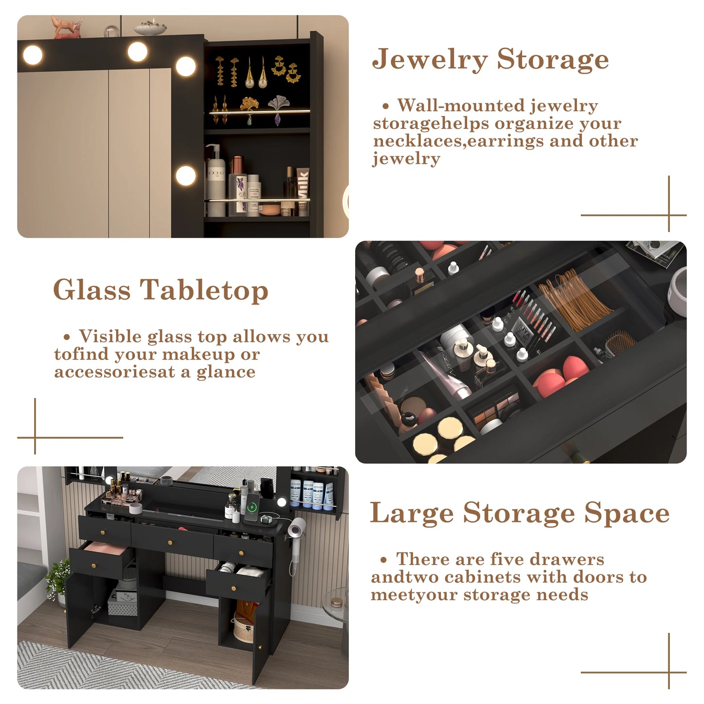 Dressing table with lighted mirror and power outlet