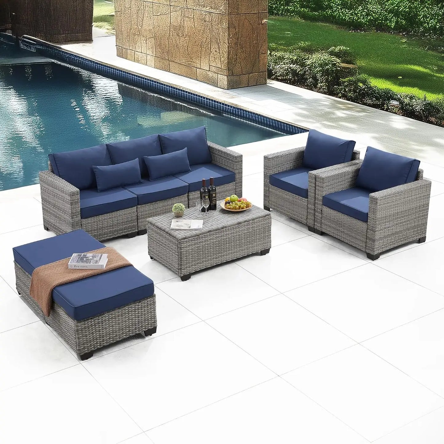 6-Piece Outdoor Wicker Patio Set with Storage Table and Weatherproof Covers