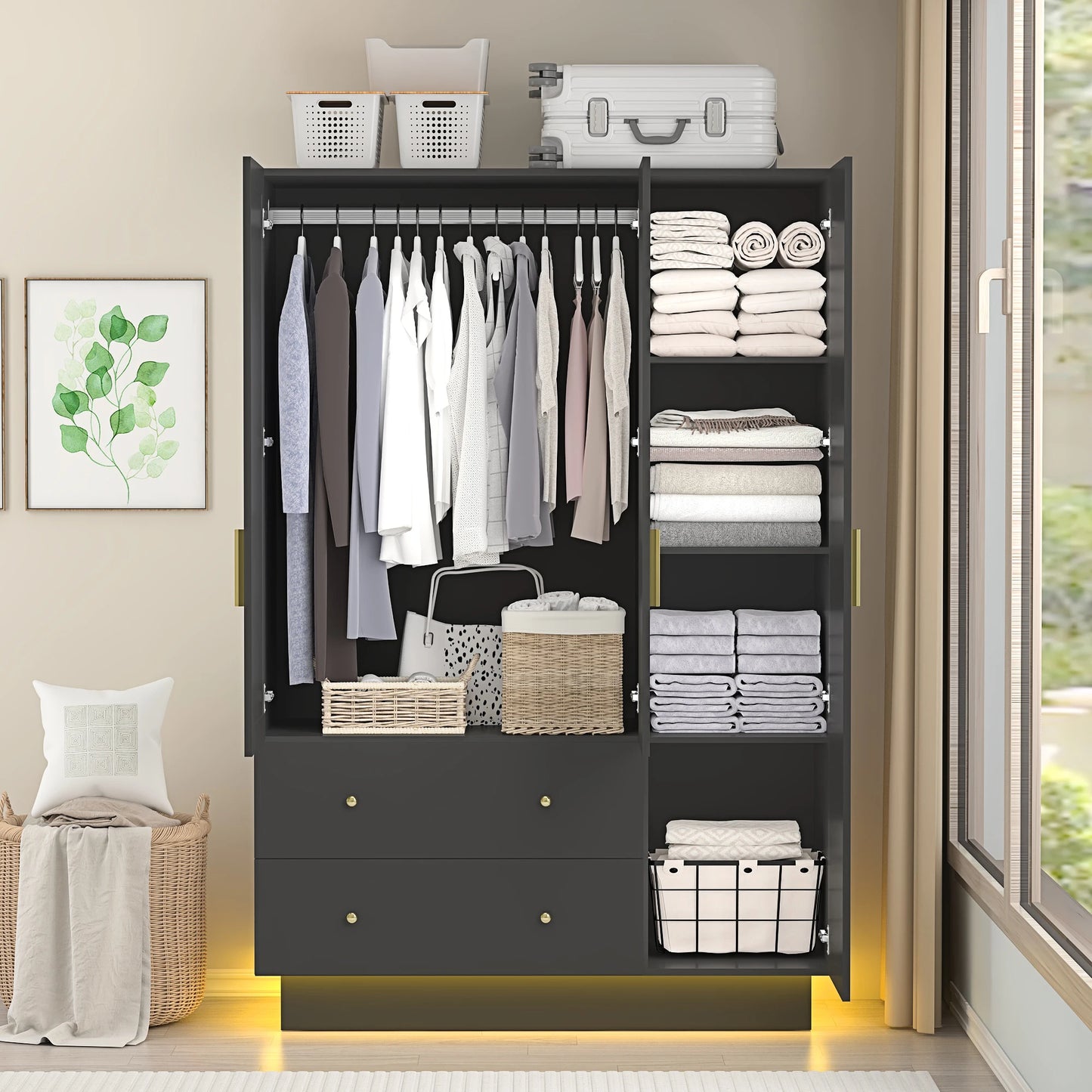 Modern wooden wardrobe with hanging rod for bedroom