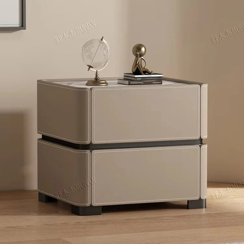 Italian Luxury Nightstand – Modern Wood and Leather Bedside Table with Storage Drawers