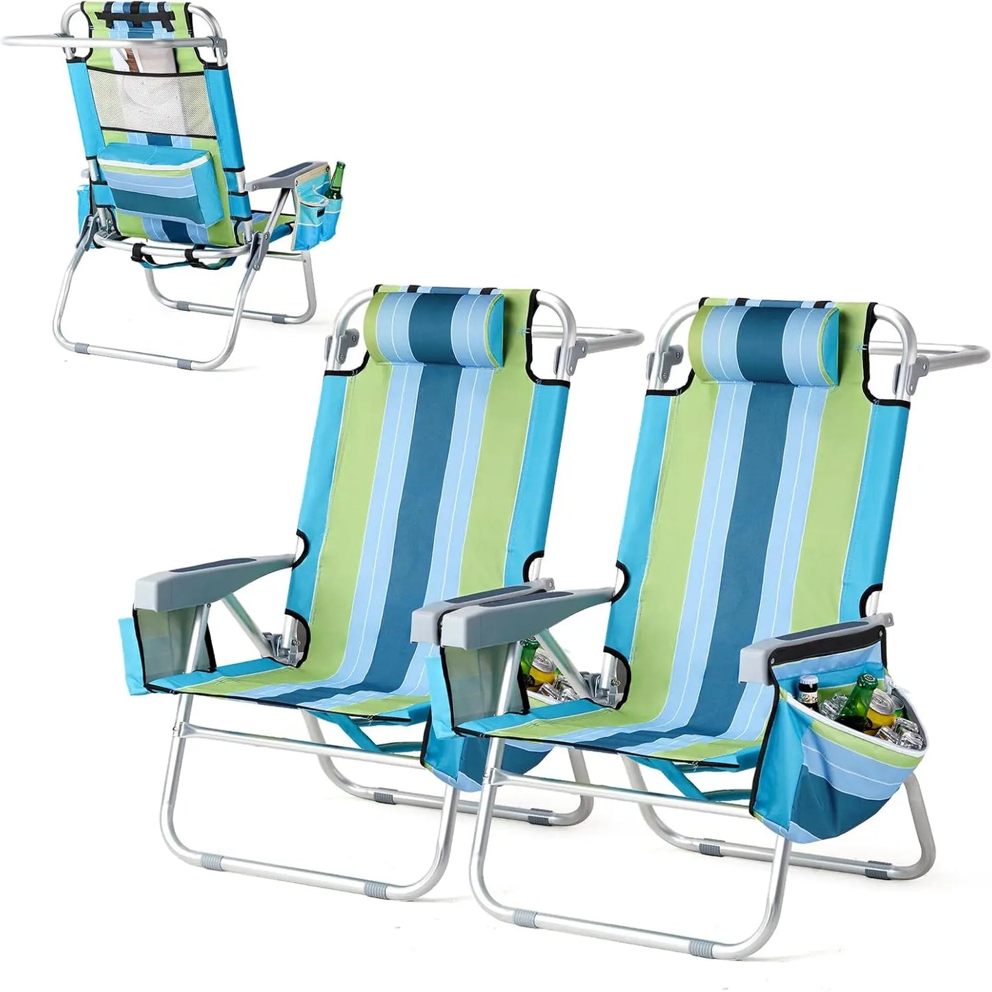 Tall Folding Beach Chair – 2 Pack with Cooler & Storage