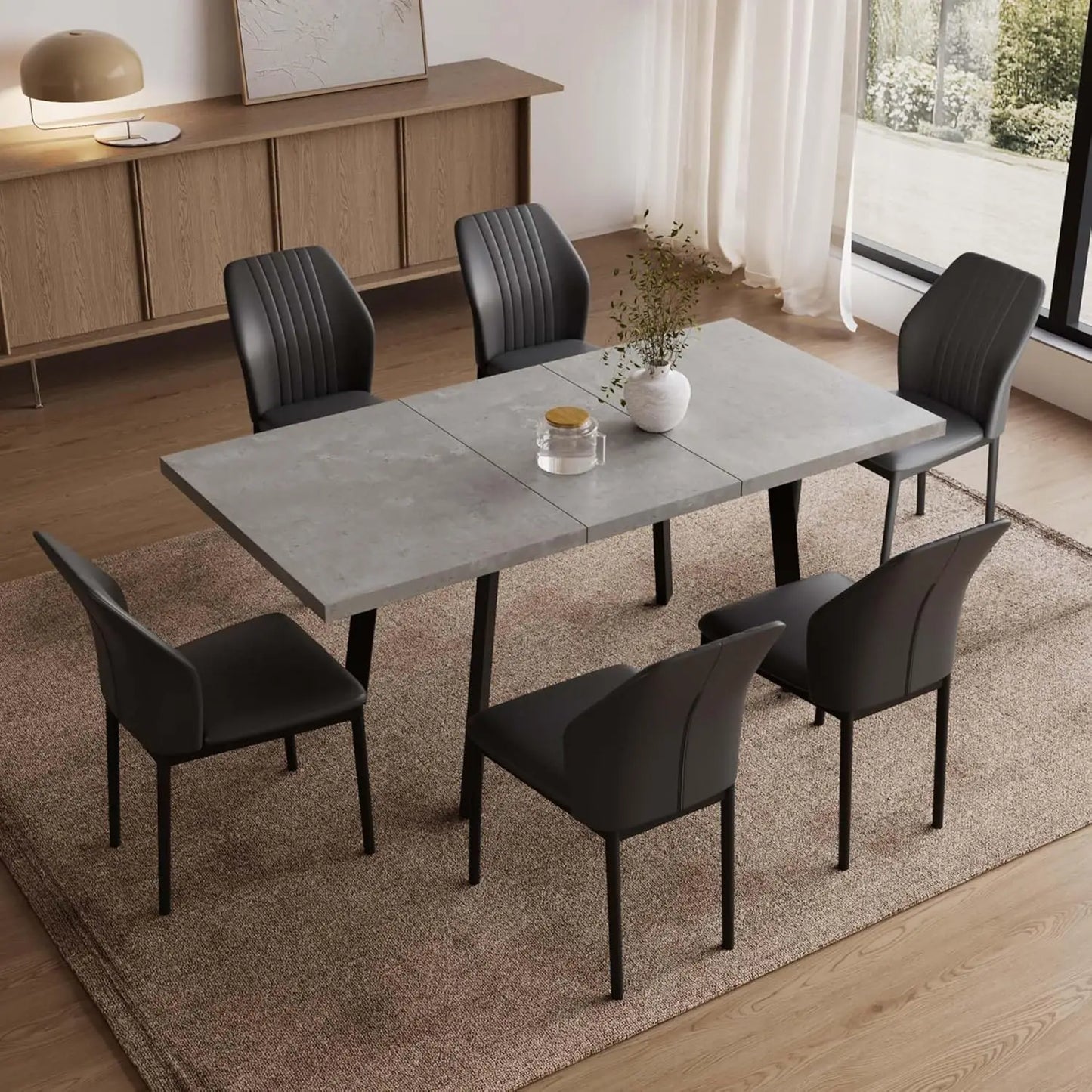 Expandable Dining Table Set – 6-Seater Modern MDF Table with PU Leather Chairs