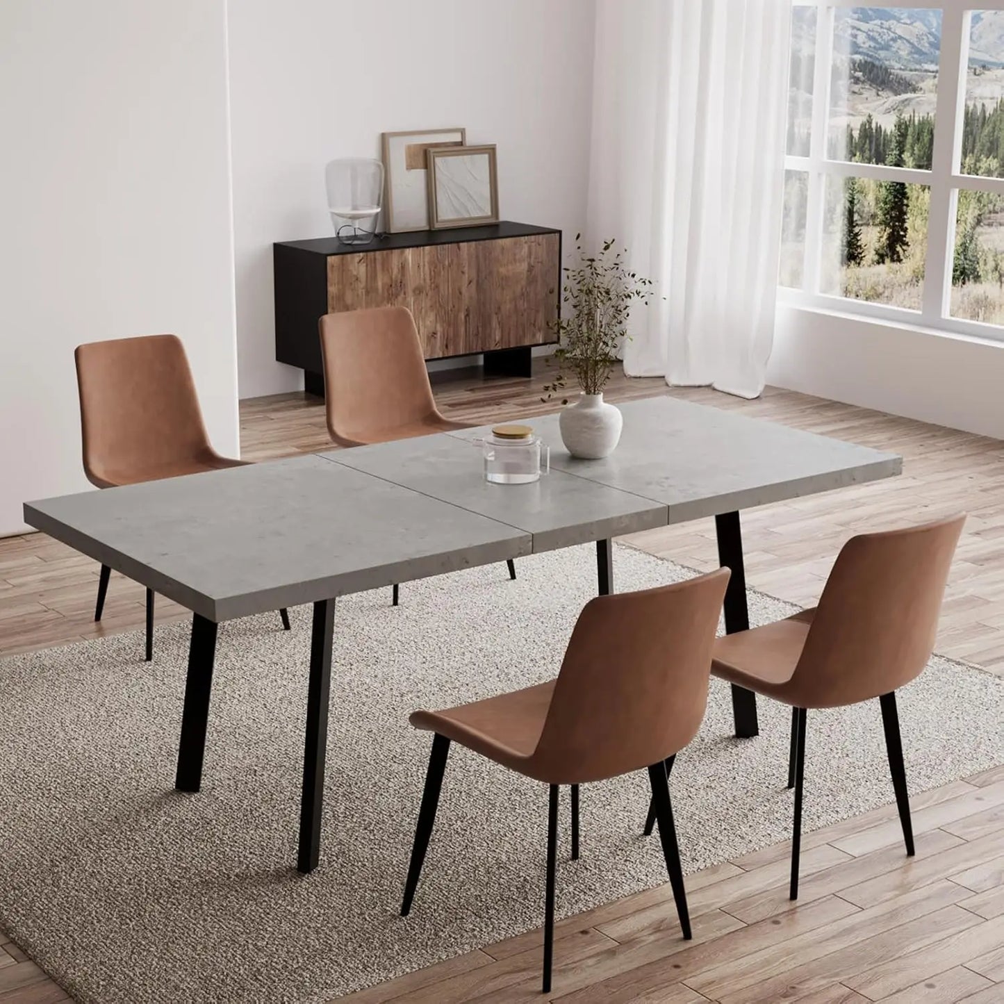 Expandable Dining Table Set – 6-Seater Modern MDF Table with PU Leather Chairs