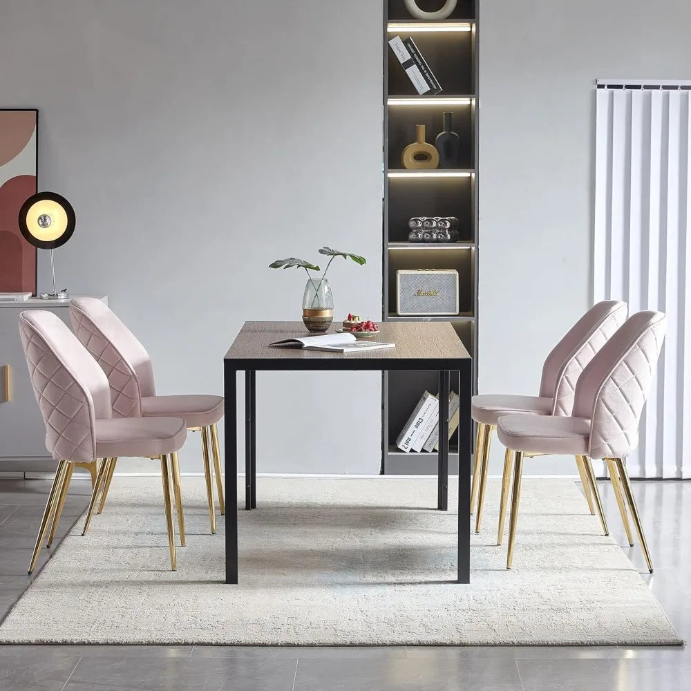 Walnut Round Dining Set with Velvet Chairs – 5-Piece Gold-Leg Table and Chair Set