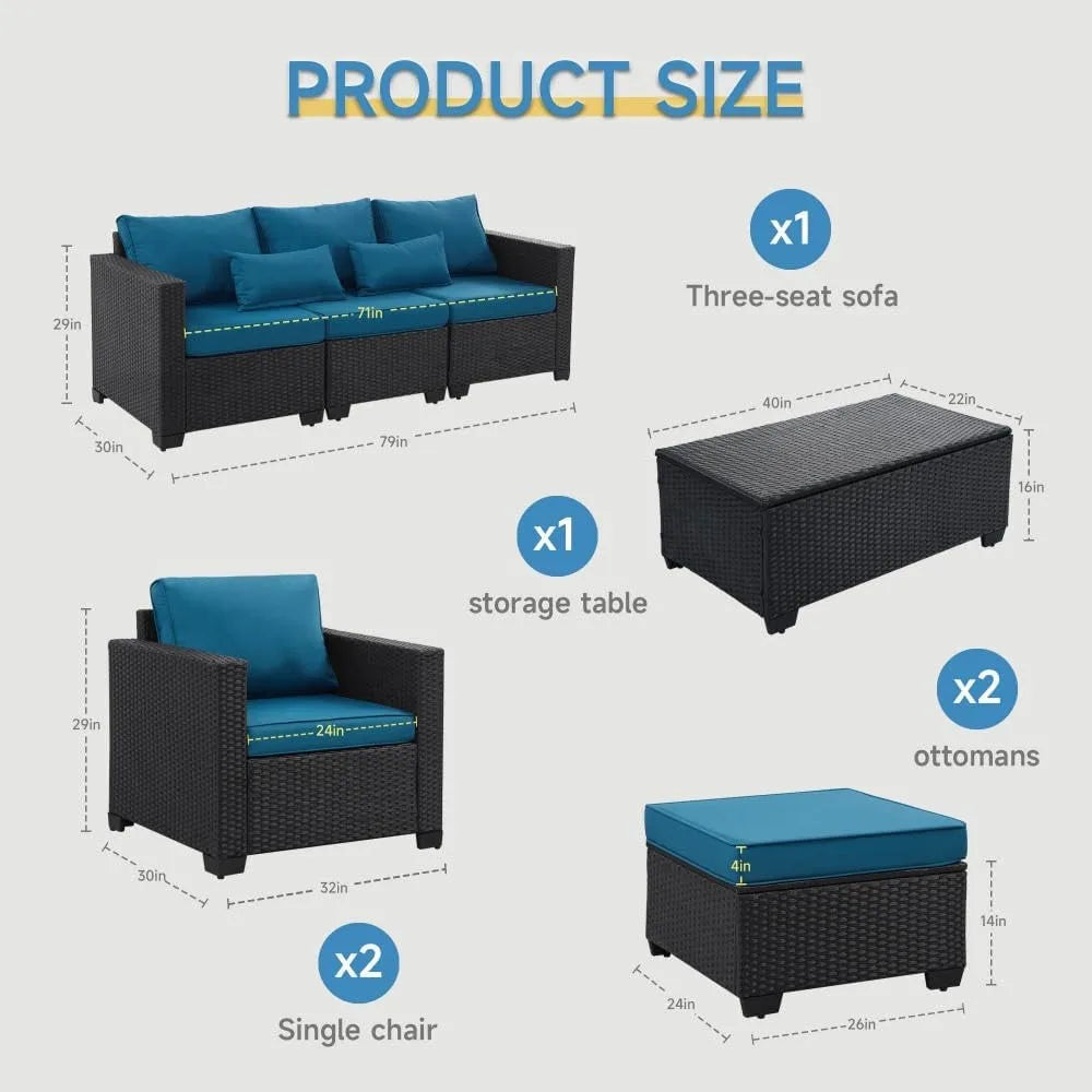 6-Piece Outdoor Wicker Patio Set with Storage Table and Weatherproof Covers