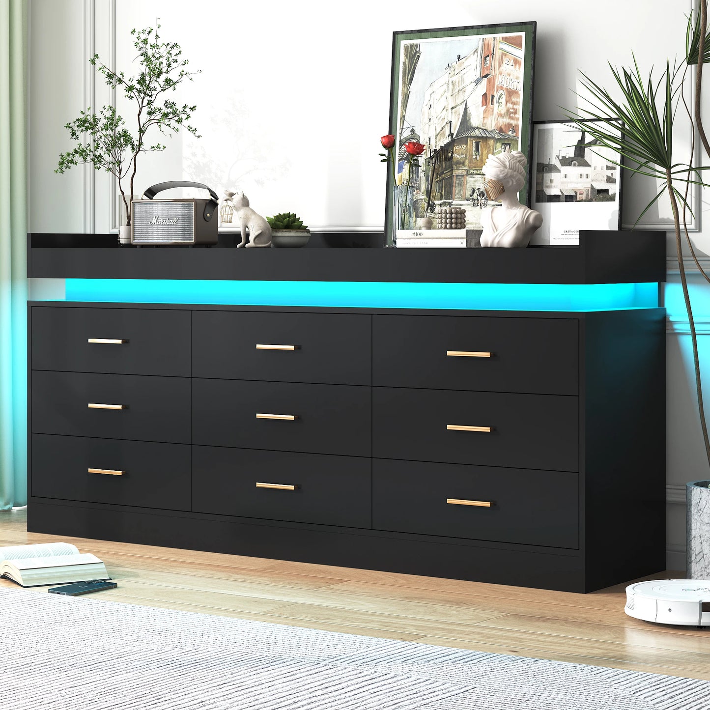 9-drawer chest with LED lighting and charging station